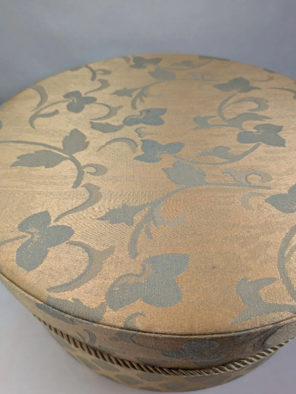 VTG Floral Brocade Round Hat Box Champagne Gold Sage Fabric Storage Case Unisex
